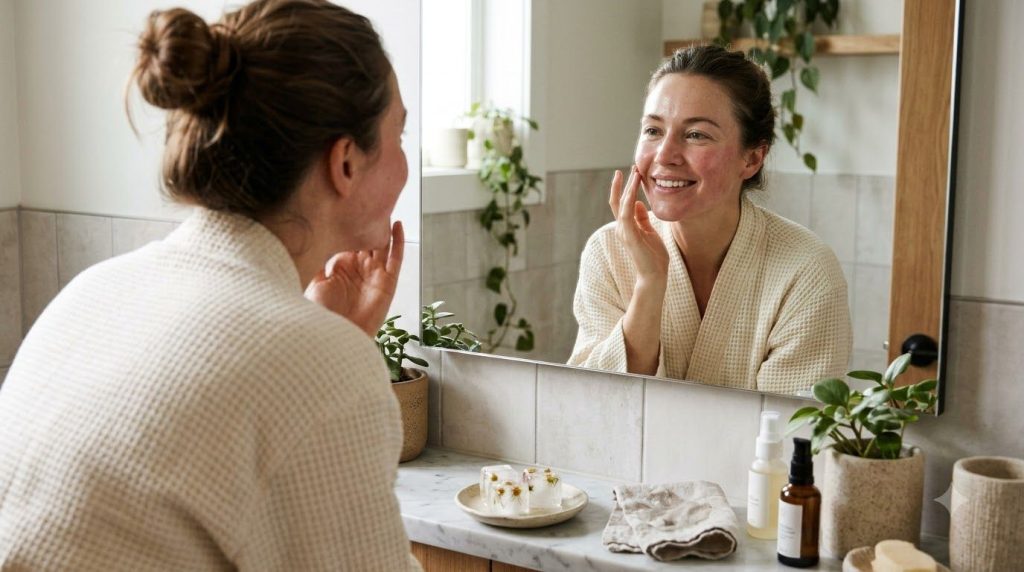 A woman smiling and looking at her reflection in a mirror her skin appearing fresh clear and glowing after using the bea