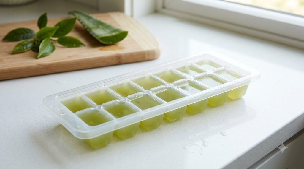 An ice cube tray filled with a green-tinted liquid ready to be placed in the freezer Fresh green tea leaves and an aloe 