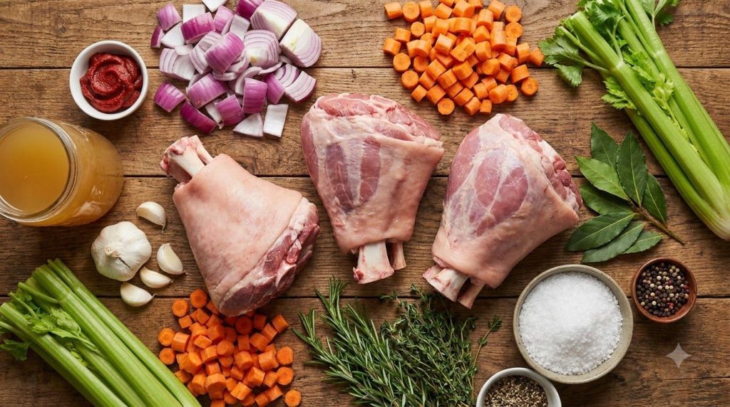 A flat lay of all the raw ingredients for slow cooker pork shanks including pork shanks chopped vegetables and seasoning