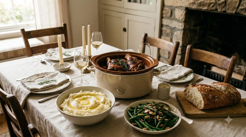 A cozy dinner table setting with slow cooker pork shanks and various suggested side dishes