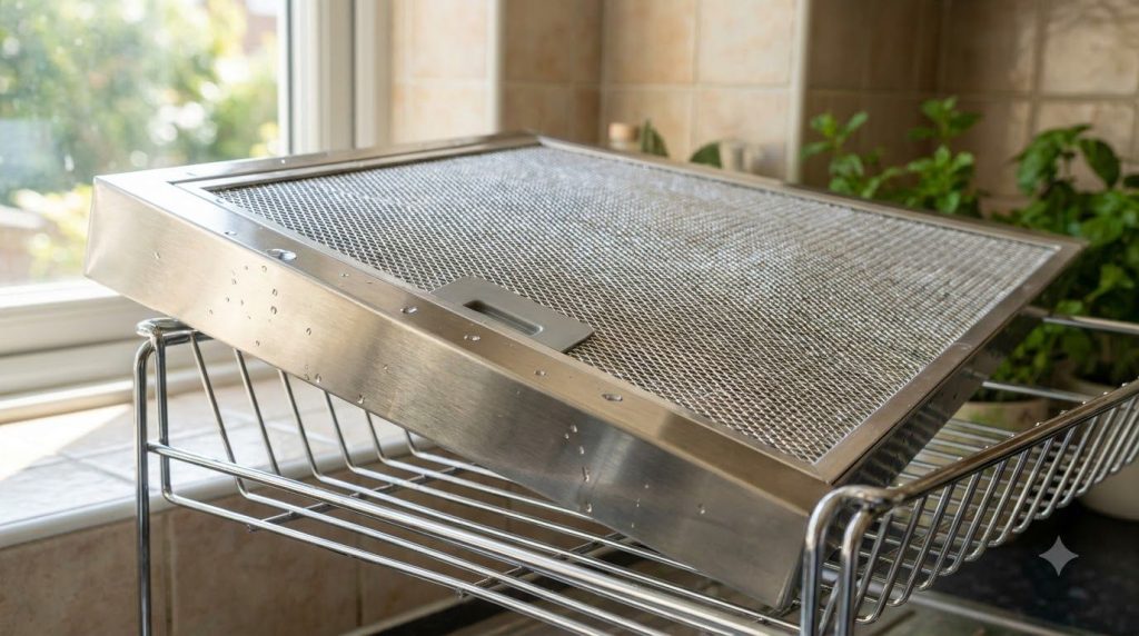 A clean shiny metal range hood filter free of grease drying on a kitchen counter or rack