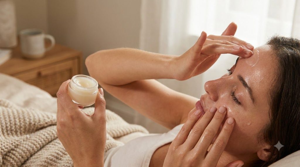 A close-up of a woman gently applying a mixture of Vaseline and baby oil to her face with soft diffused light illustrati