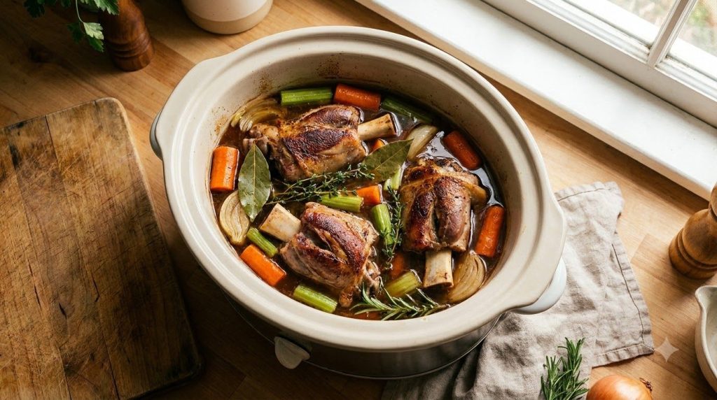 A slow cooker filled with seared pork shanks vegetables and broth ready to cook