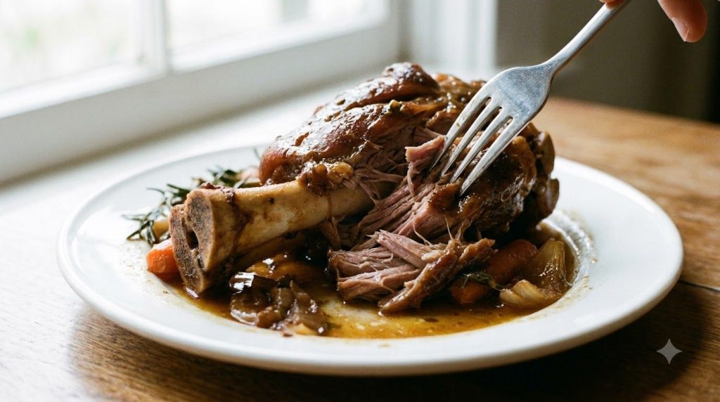 A close-up of a single serving of slow cooker pork shank on a plate with a fork pulling apart the tender meat