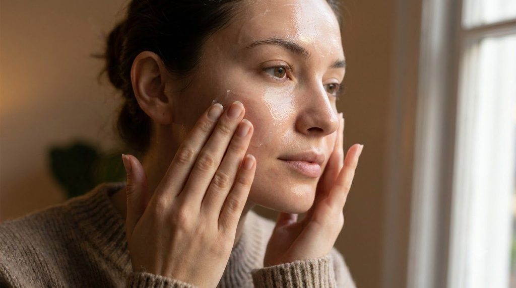 Close-up of a person gently applying Vaseline to their face after using baby oil creating a dewy look