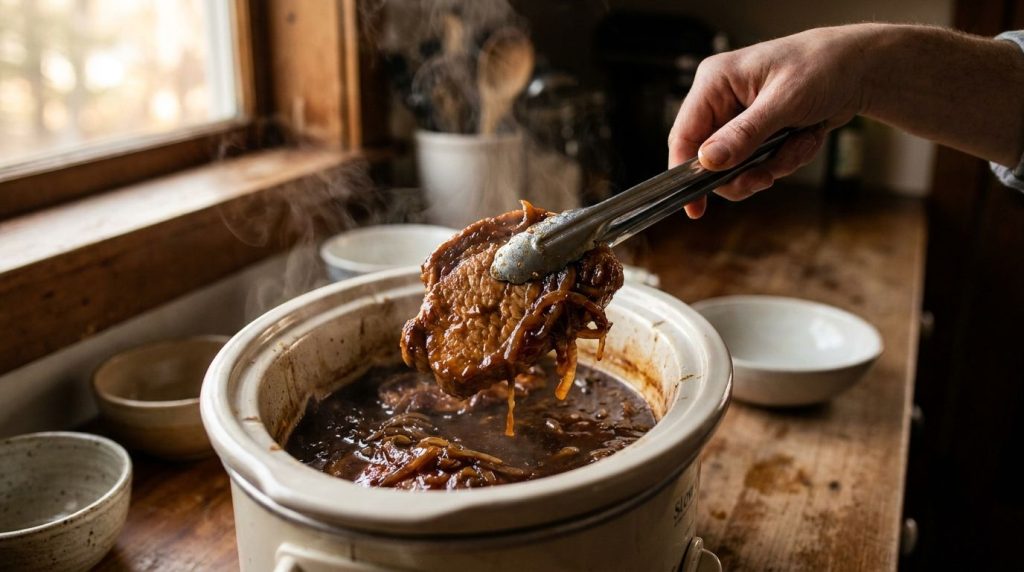 A hand using tongs to gently lift a tender pork cutlet from a slow cooker showing the rich sauce and cooked onions empha