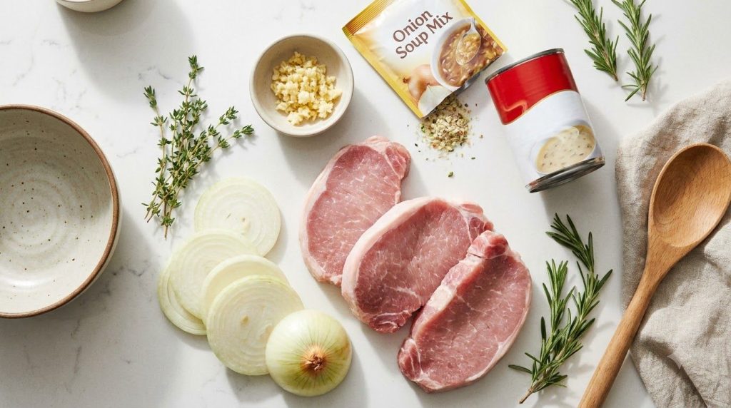 A flat lay of fresh ingredients for slow cooker pork cutlets including raw pork cutlets an onion garlic cloves a can of