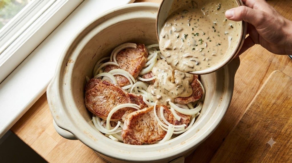 Pork cutlets and sliced onions arranged in the bottom of a slow cooker with a creamy sauce being poured over them