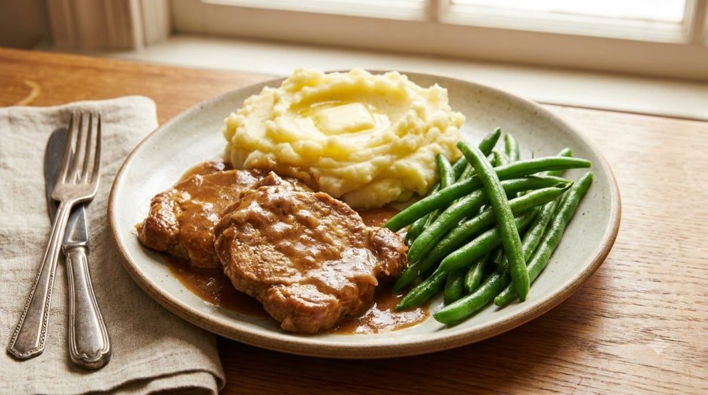 A serving of slow cooker pork cutlets with mashed potatoes and steamed green beans on a dinner plate ready to eat