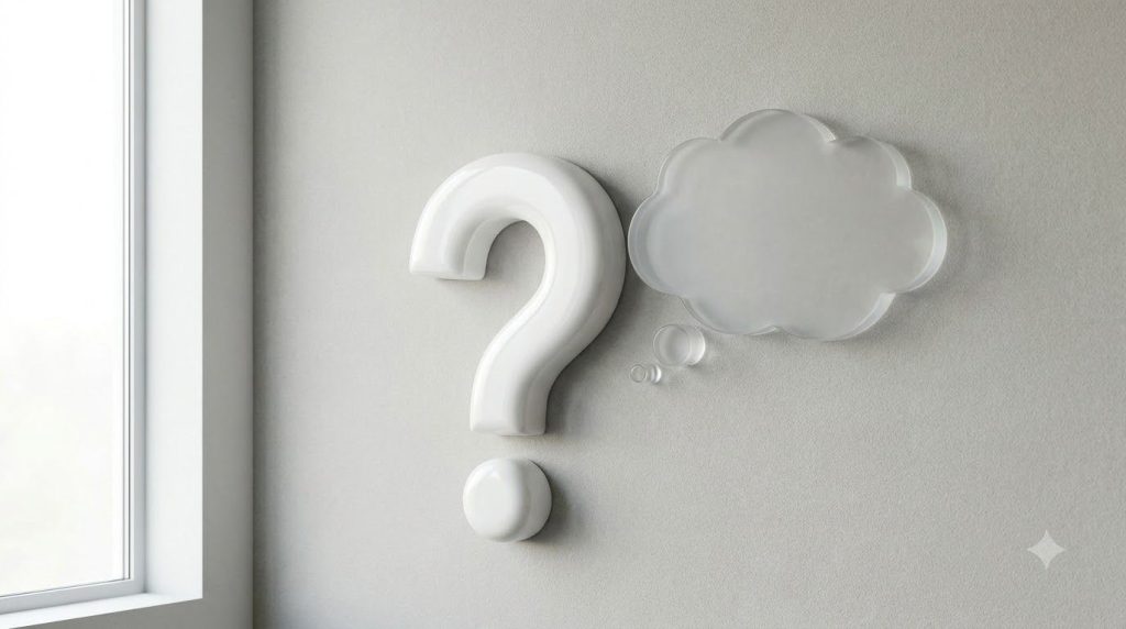 A question mark icon next to a thought bubble illustrating common cooking questions in a clean minimalist style