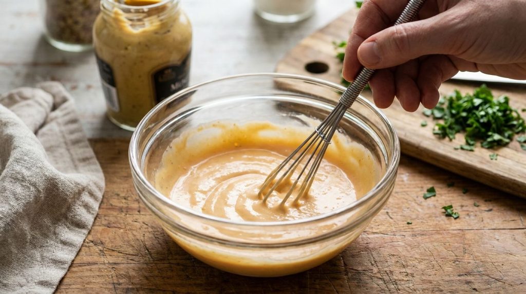 A small bowl with a whisk mixing the creamy burger sauce ingredients