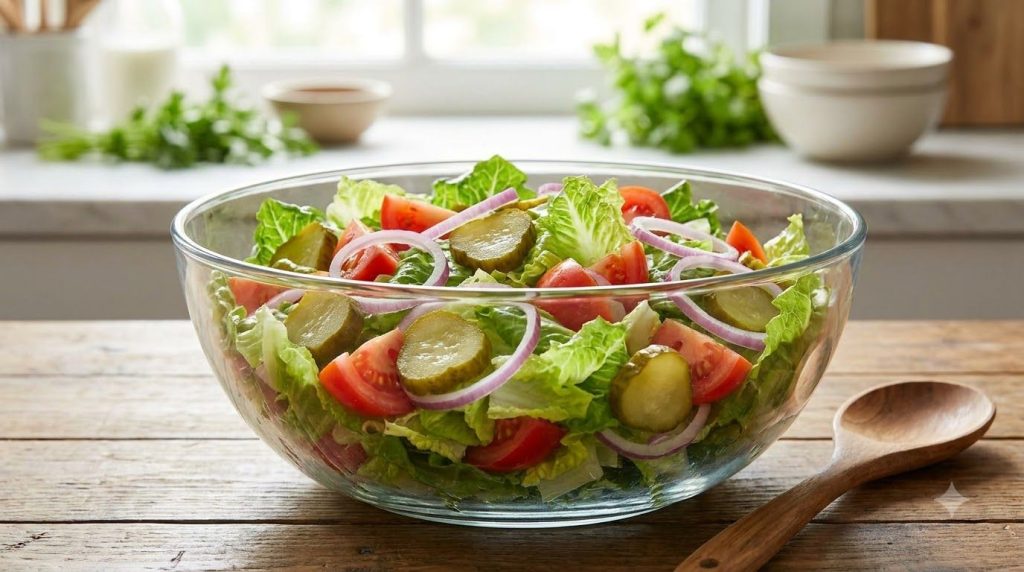 Chopped fresh vegetables like lettuce tomatoes red onion and pickles in a large salad bowl