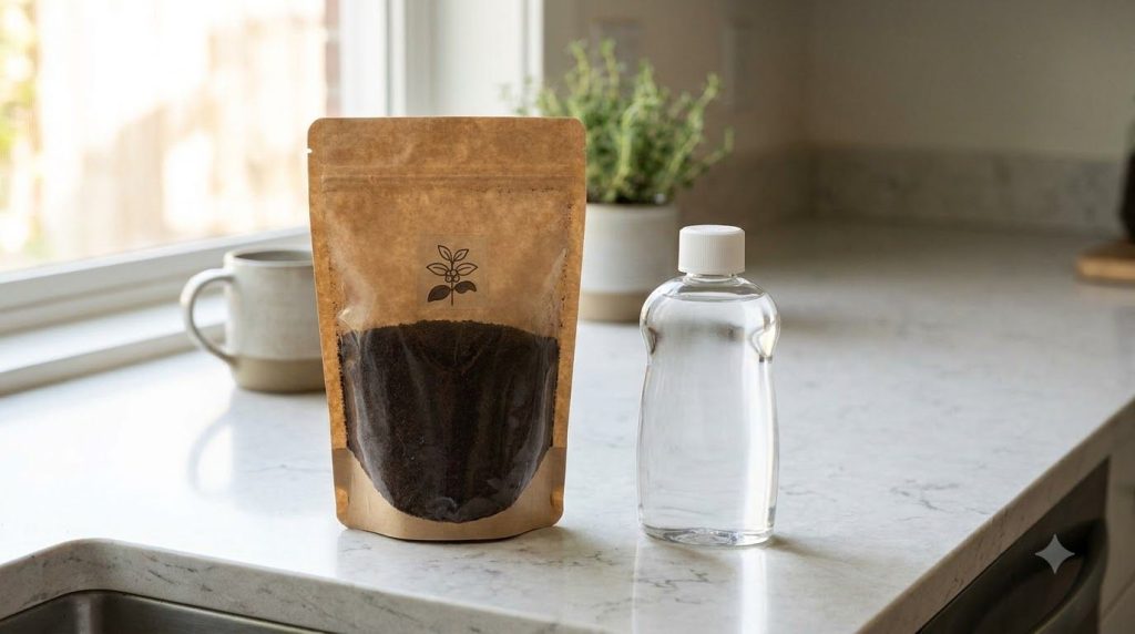 Two ingredients for the DIY a bag of ground coffee and a bottle of baby oil arranged neatly on a light surface with soft
