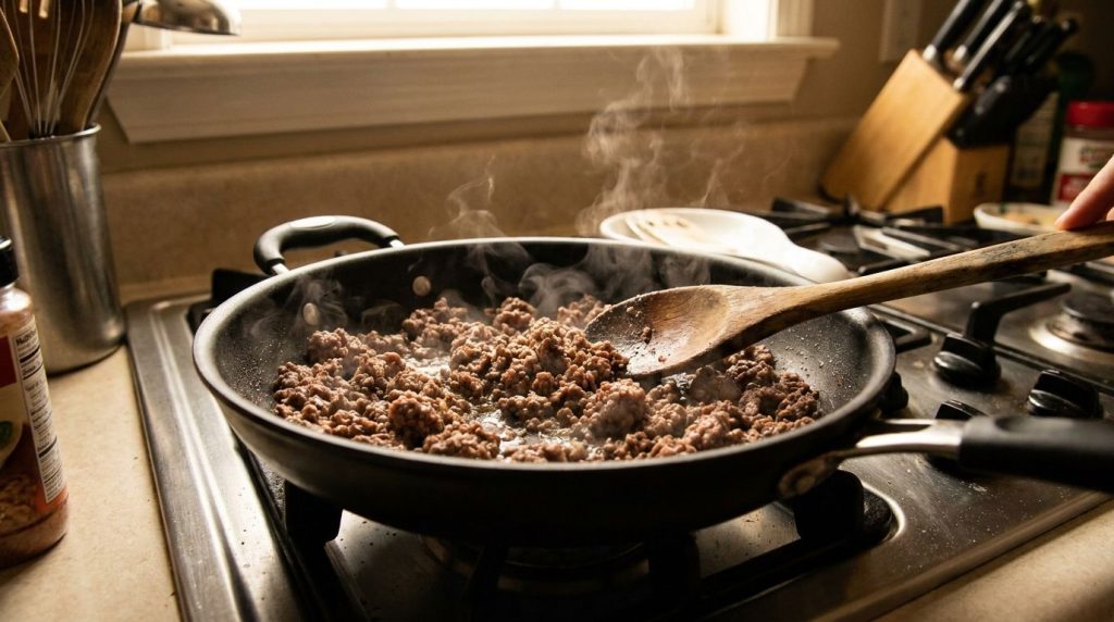 Ground beef cooking in a skillet being broken up with a wooden spoon