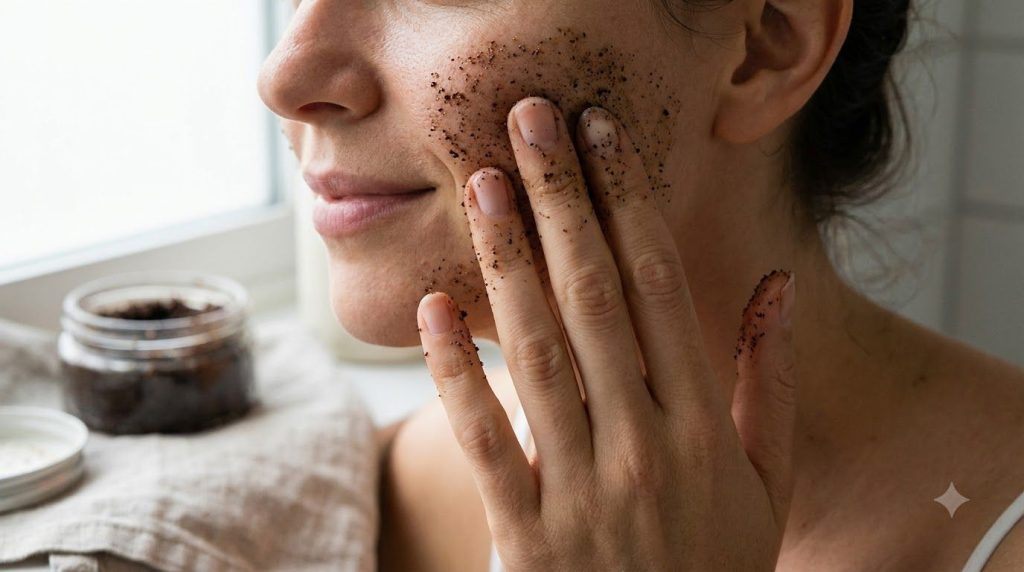 A woman gently applying a coffee and baby oil paste to her cheek with her fingertips showing a close-up of her hand and 