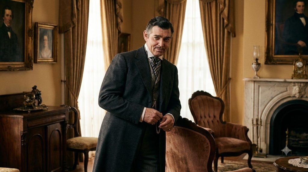 Clark Gable as Rhett Butler in Gone with the Wind wearing a dark suit with a cravat looking charismatic and confident