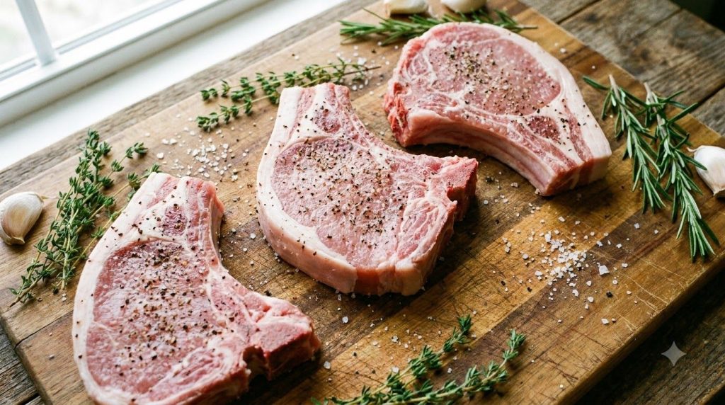 Raw bone-in pork chops seasoned with salt and pepper ready to be seared in a hot skillet