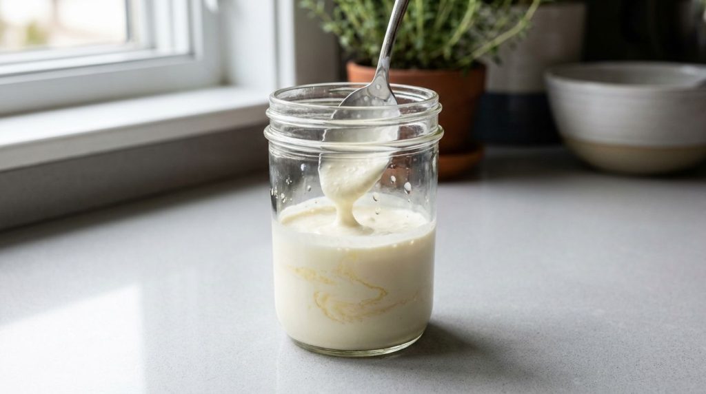 A glass jar filled with heavy cream and buttermilk with a spoon mixing them on a kitchen counter