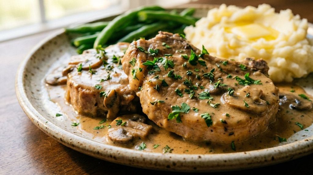 A close-up shot of tender slow cooker pork chops resting in a rich creamy sauce garnished with fresh parsley served on a