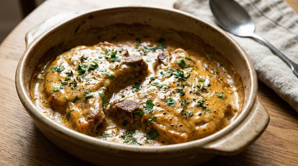 Cooked slow cooker pork chops in a rich creamy sauce garnished with fresh herbs ready to be served