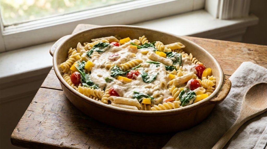Close-up shot of the creamy sauce and pasta mixed with vegetables uncooked in a large baking dish ready to go into the o