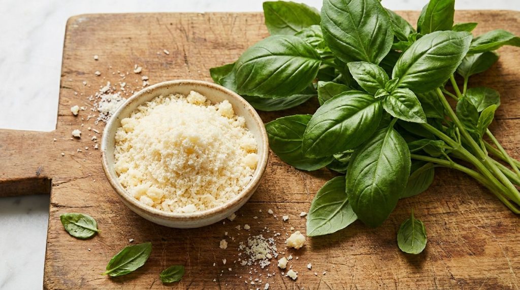 A small bowl of freshly grated Parmesan cheese and a bunch of fresh basil leaves on a wooden cutting board ready for gar