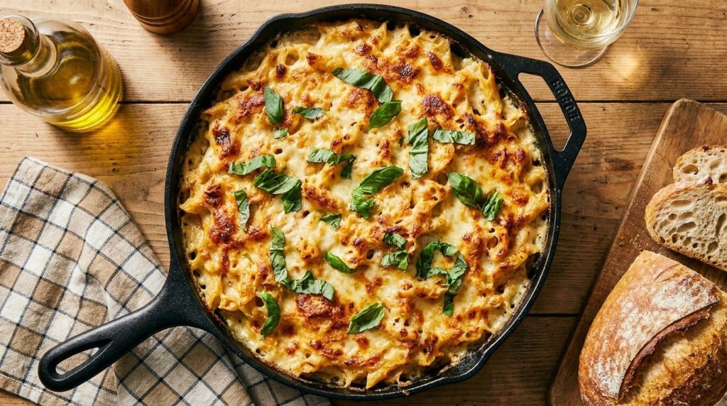 A large cast iron skillet filled with golden-brown baked creamy pasta garnished with fresh basil The pasta is bubbling s