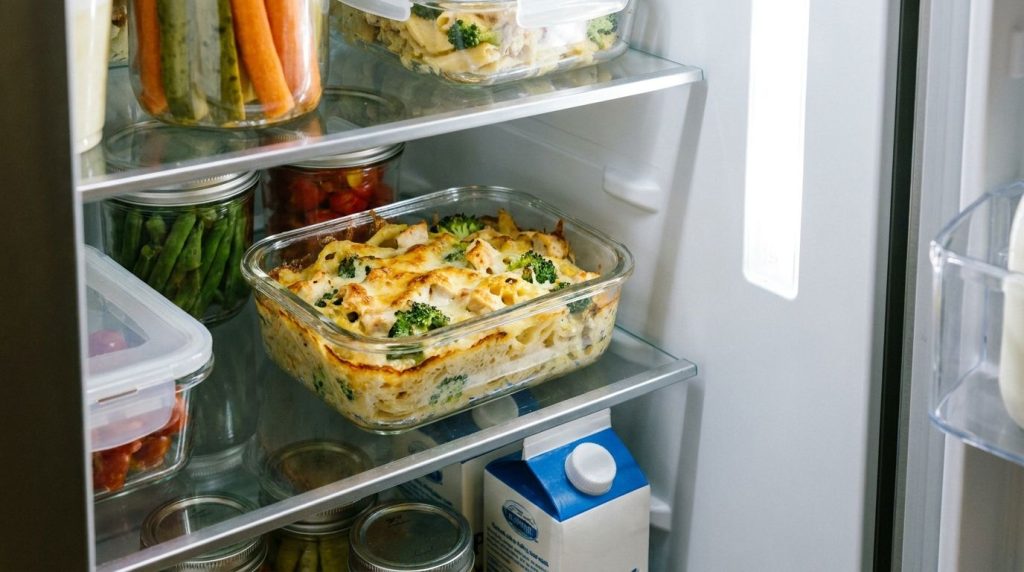 Leftover baked creamy pasta stored in an airtight glass container in a refrigerator