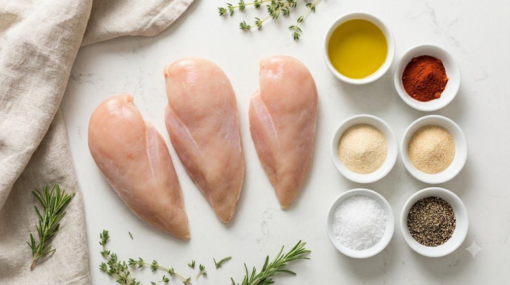 A flat lay of fresh boneless skinless chicken breasts alongside small bowls of olive oil smoked paprika garlic powder on