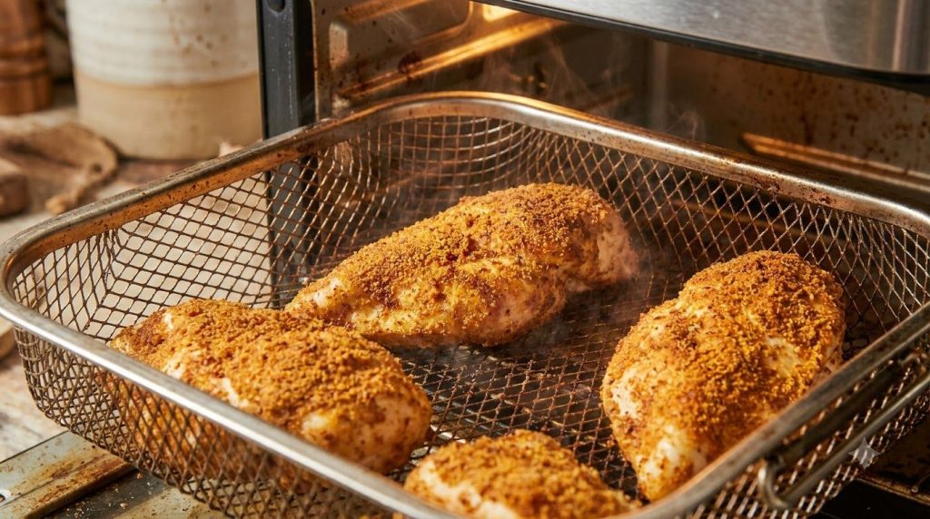 Chicken breasts cooking inside an air fryer basket with visible golden-brown seasoning and hot air circulating