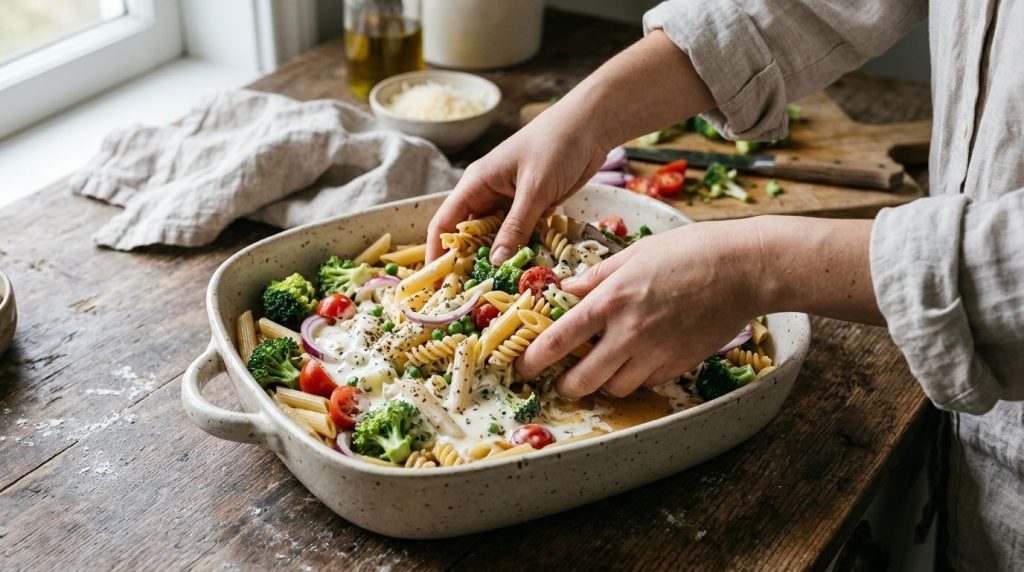 A pair of hands mixing all the ingredients for the creamy baked pasta in a large baking dish before baking
