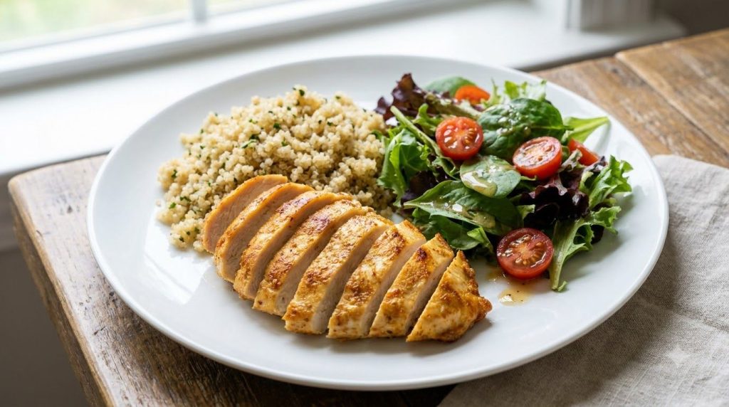A full plate featuring sliced air fryer chicken breast alongside a vibrant green side salad and a scoop of quinoa ready 