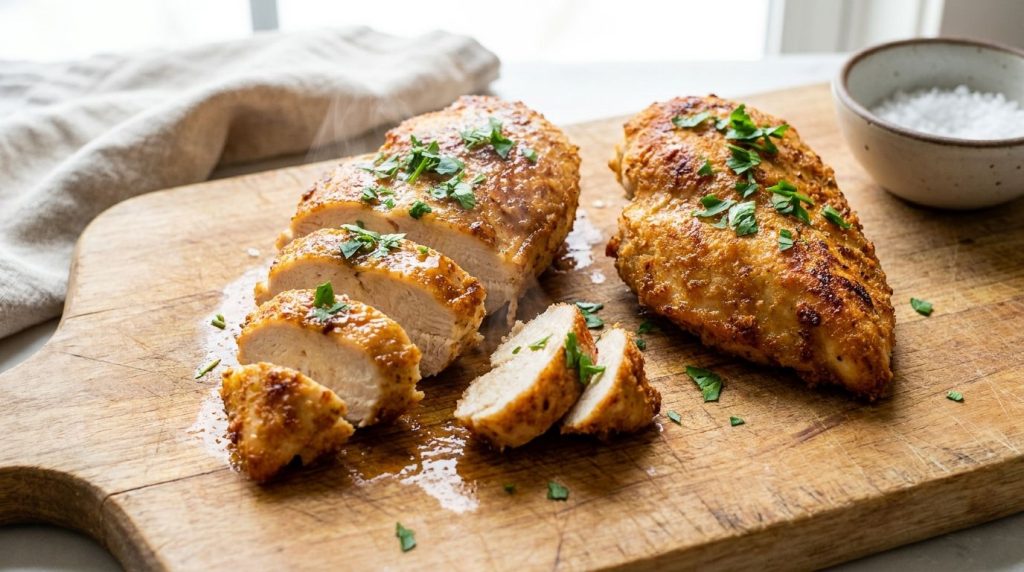 Two perfectly cooked golden-brown air fryer chicken breasts on a cutting board one sliced to show its juicy interior wit