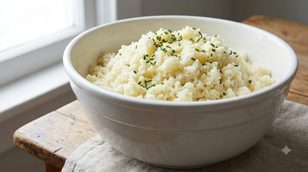 Close-up of fluffy riced potatoes in a large mixing bowl ready for gnocchi dough preparation