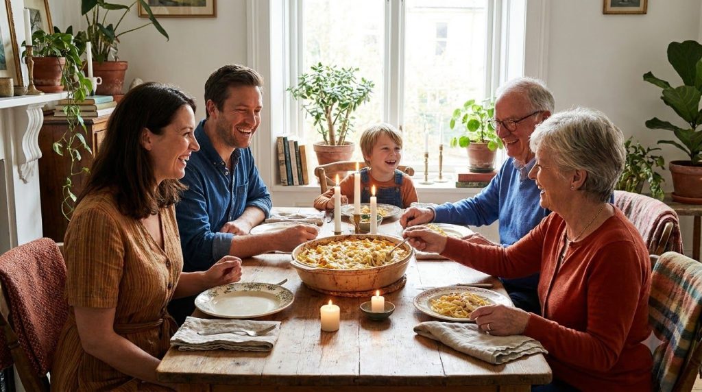A family gathered around a dining table laughing and enjoying a large serving of the baked creamy pasta The table is set