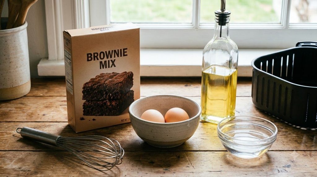Ingredients for air fryer brownies laid out on a kitchen counter a box of brownie mix eggs and a bottle of vegetable oil