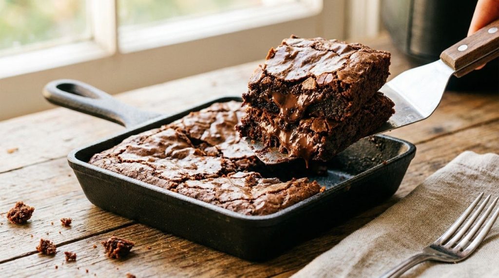 A close-up shot of fudgy air fryer brownies in a small square pan with a few pieces already cut and lifted revealing the