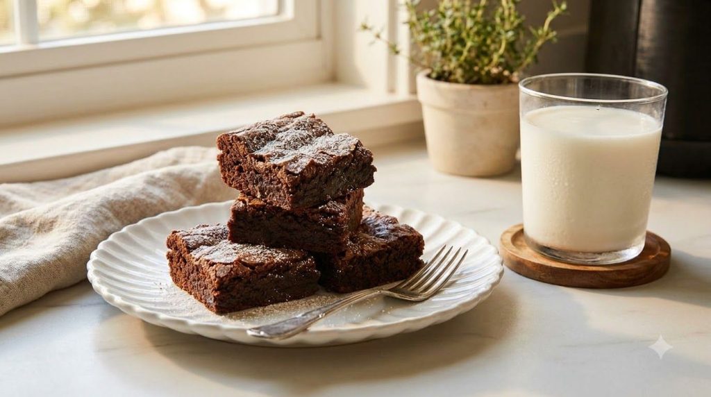 A stack of fudgy air fryer brownies on a small plate with a glass of milk and a fork on the side ready to be enjoyed