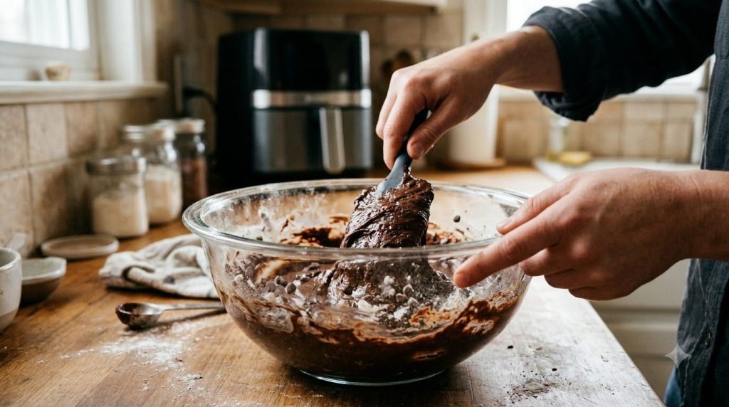 A person mixing brownie batter in a glass bowl with a spatula with an air fryer visible in the background