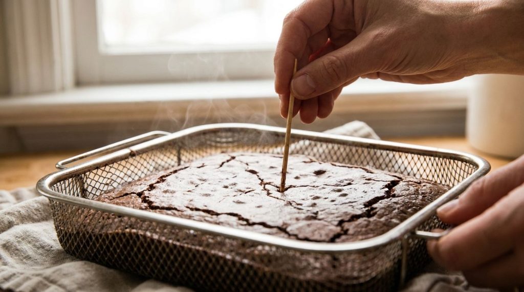 A hand holding a toothpick checking the doneness of a brownie baking in an air fryer basket