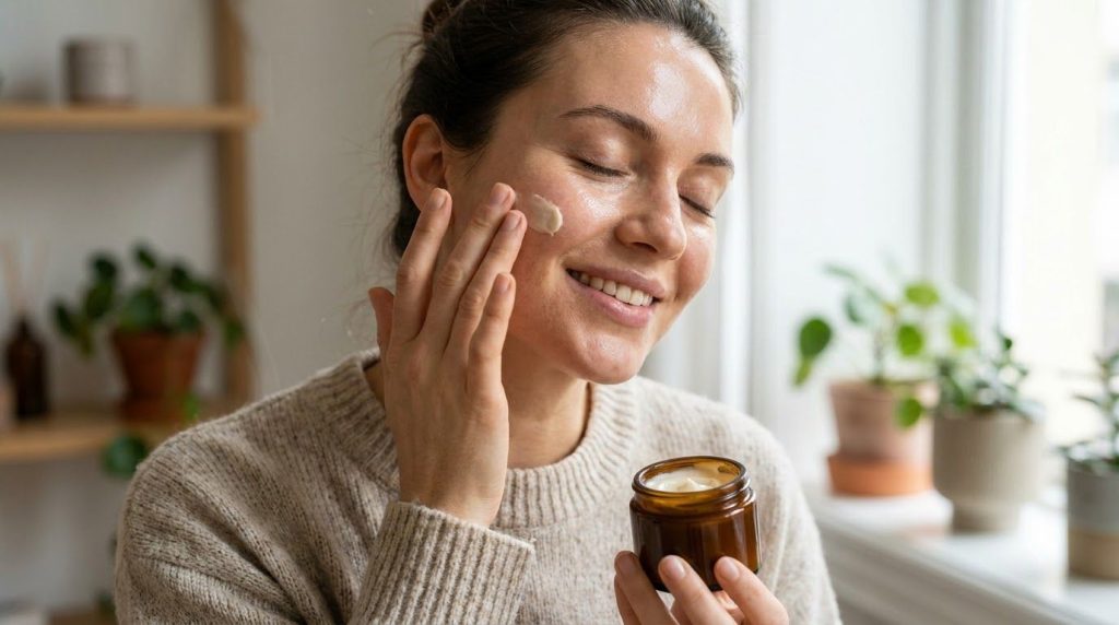 A woman gently massaging a homemade cream onto her face focusing on her cheeks and forehead Her skin looks smooth and ra