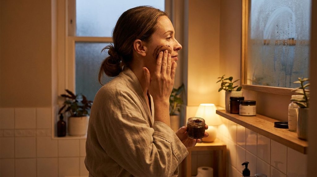 A woman gently massaging a homemade coffee and Vaseline cream onto her face at night with soft warm lighting