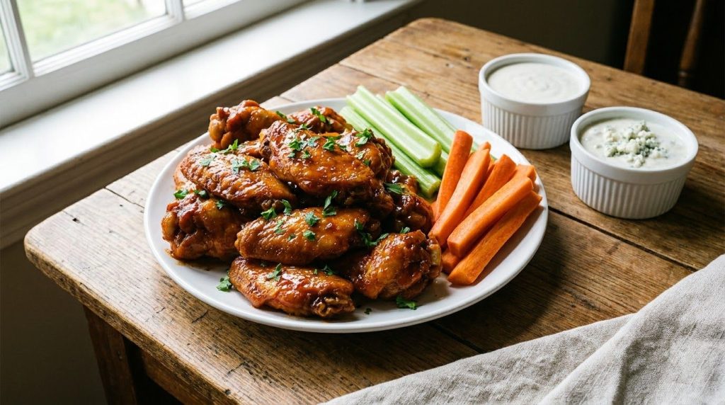 A plate of sauced chicken wings piled high with fresh celery and carrot sticks and small bowls of ranch and blue cheese 