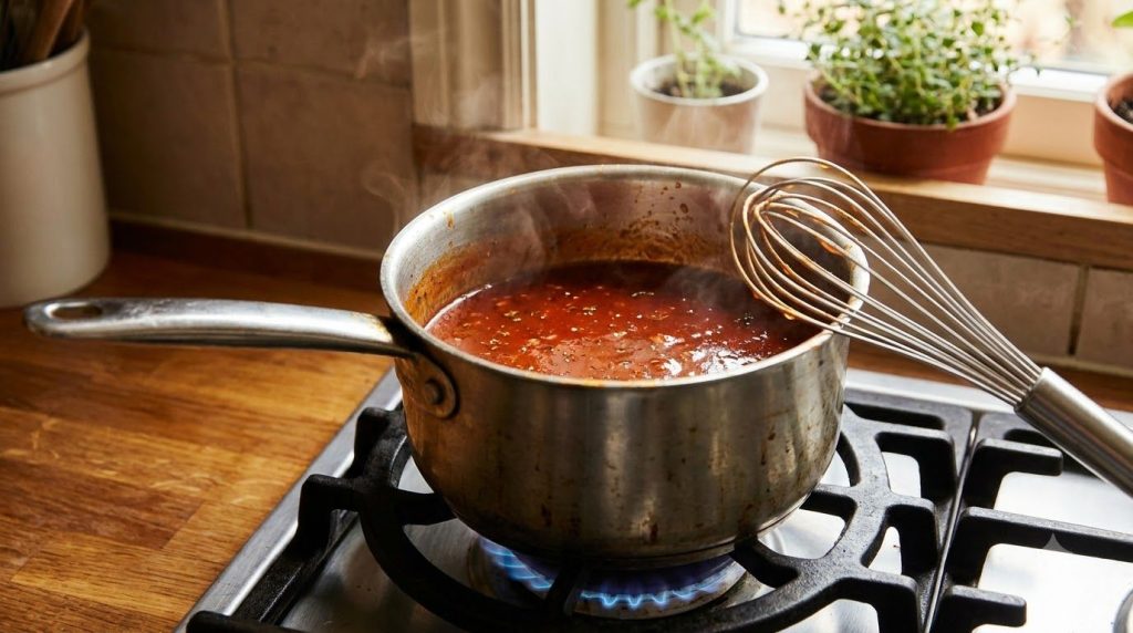 A small saucepan on a stove with a glossy red-orange chicken wing sauce simmering gently with a whisk resting in the pan