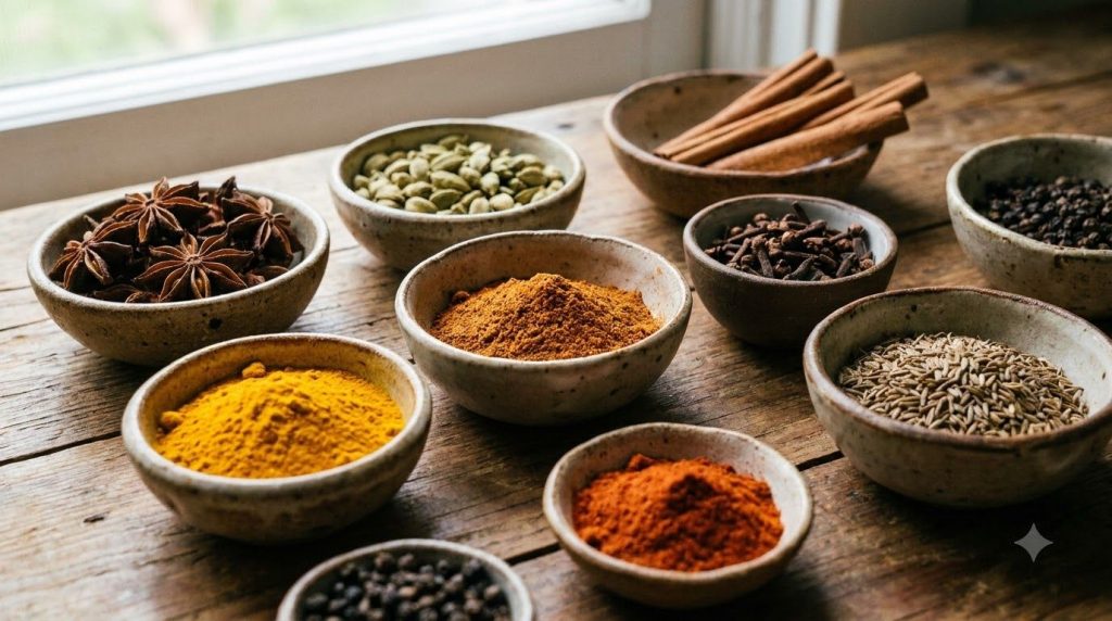A selection of whole and ground spices in small bowls ready for blending