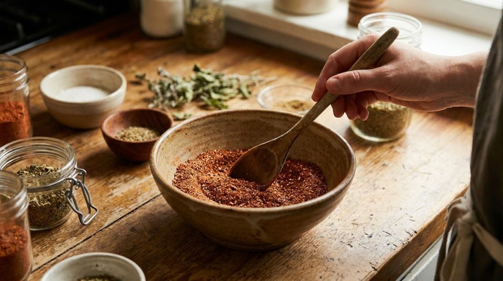 A hand mixing a homemade spice rub in a bowl