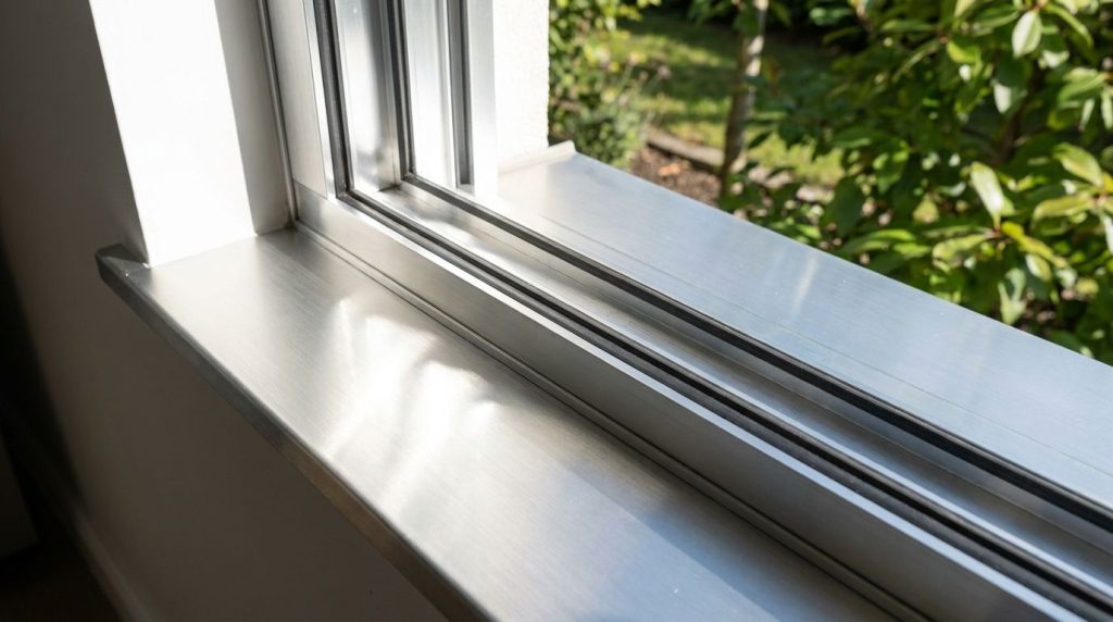 Close-up view of a clean sparkling window track after cleaning with sunlight reflecting on the metal