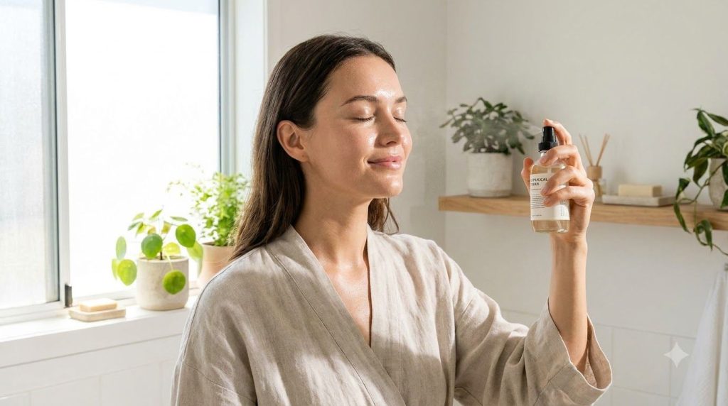 A woman gently spraying a natural toner onto her face eyes closed with a soft glowing complexion in a bright bathroom se