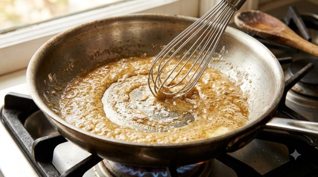 Close-up of flour and fat being whisked together in a skillet to form a golden-brown roux for gravy