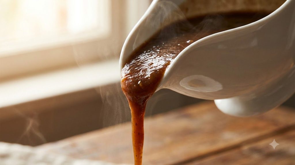 A close-up of a smooth rich brown gravy pouring from a white gravy boat highlighting its texture and inviting appearance